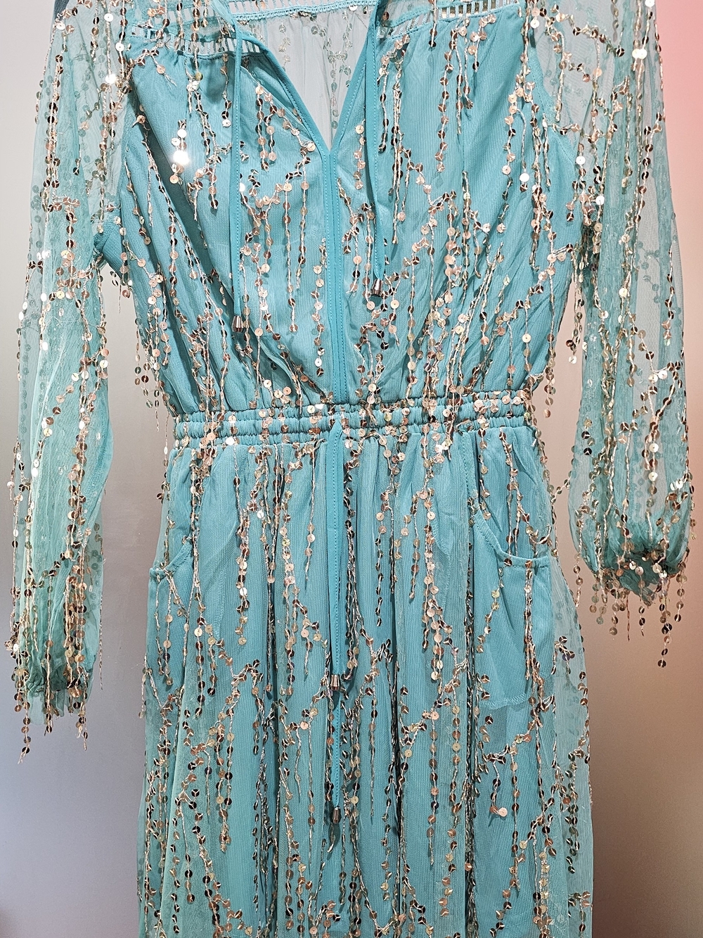 Sequin Embellished Turquoise Long Sleeve Dress